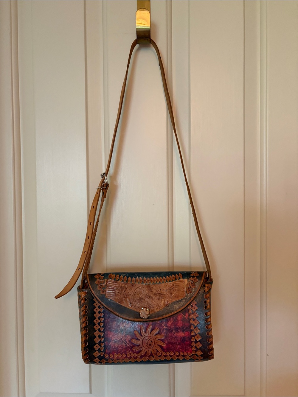 Handcrafted Brown Tooled Leather Crossbody Bag